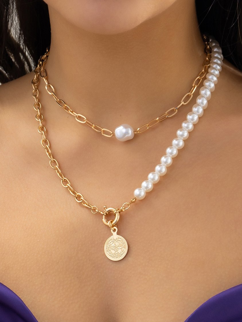 Boho Pearl Chain Coin Pattern Layered Necklace Vacation Beach Jewelry QAR52