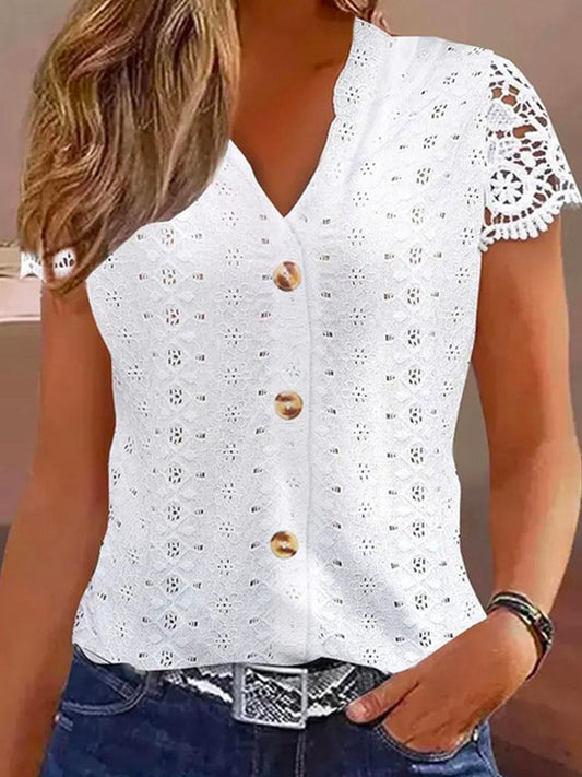 Loose Casual Lace V Neck Blouse  QH79