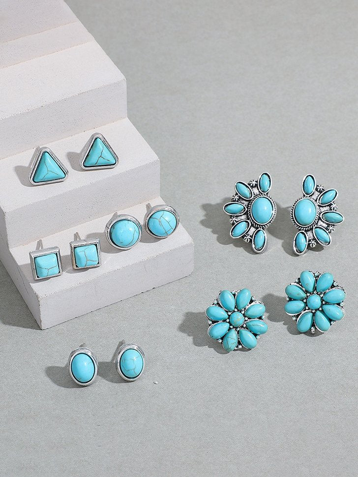 6Pcs Ethnic Silver Metal Turquoise Stud Earrings Set Daily Jewelry CC7
