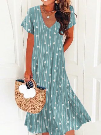 Polka Dots Short Sleeve V Neck Casual Dresses QAH36