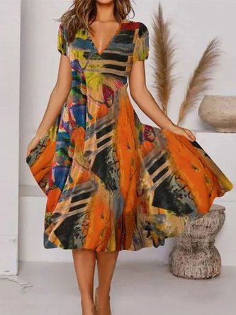 Boho Printed V Neck Floral Weaving Dress NNq18