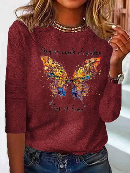 T-shirt décontracté ample à manches longues avec motif papillon AH260