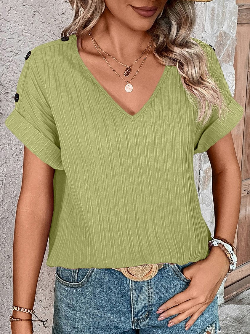 V Neck Buckle Loose Batwing Sleeve Casual Shirt QAF41