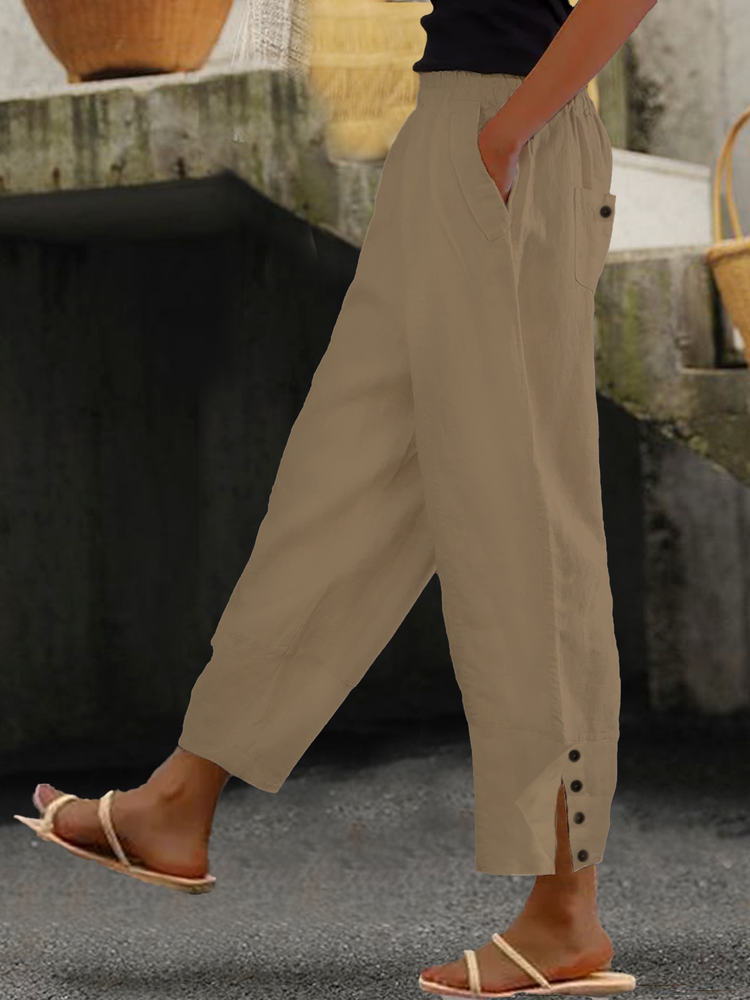 Loose Buttoned Cotton And Linen Linen Pants  QB111