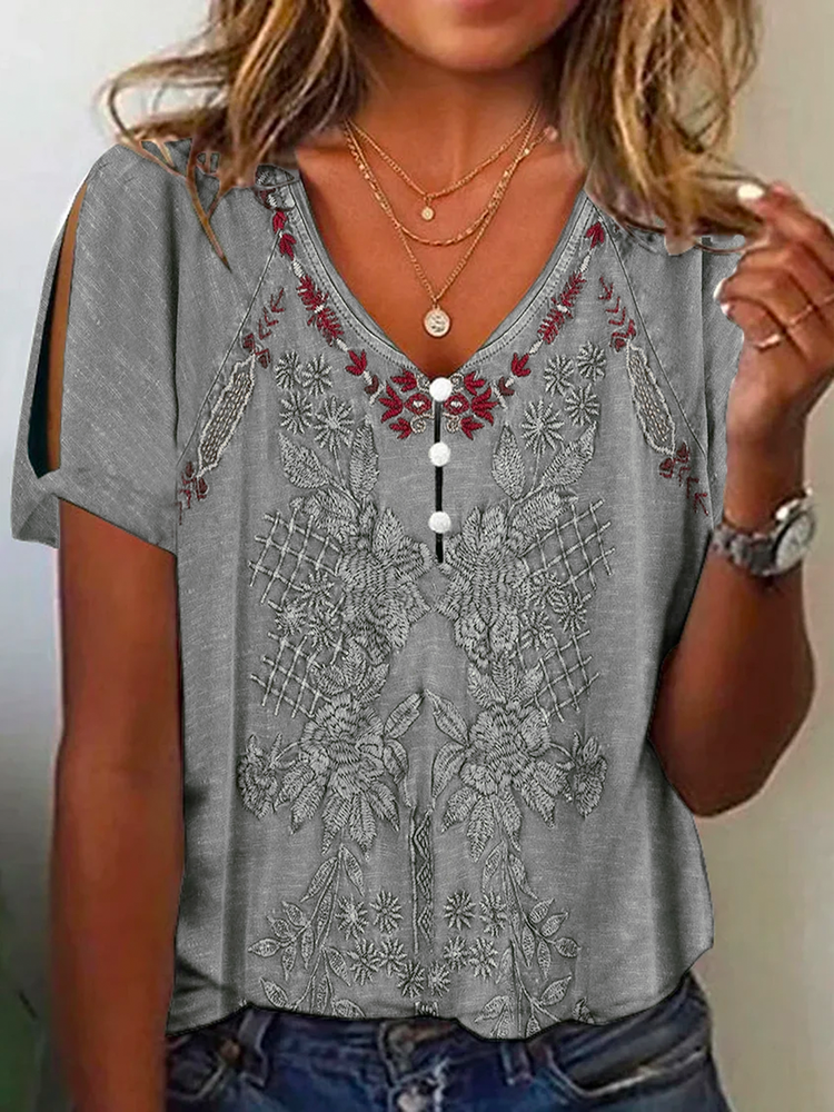 Casual V Neck Ethnic Buttoned Shirt  QH66