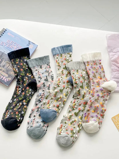 5 Pairs Women Artsy Spring Floral Jacquard Socks Ada Fashion