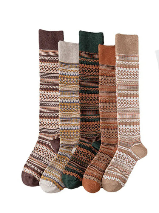 5 Pairs Women Casual Stripe Knitted Long Socks Ada Fashion