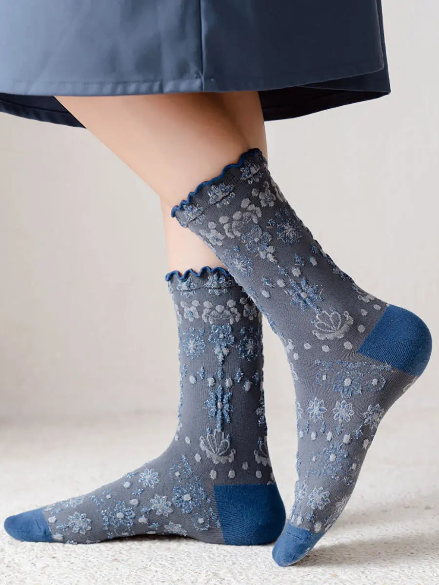 5  Pairs Women Vintage Flower Jacquard Socks Ada Fashion