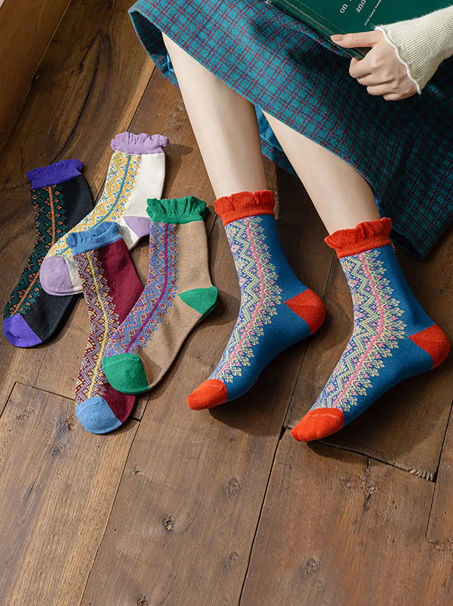 5 Pairs Women Vintage Lacework Cotton Socks Ada Fashion