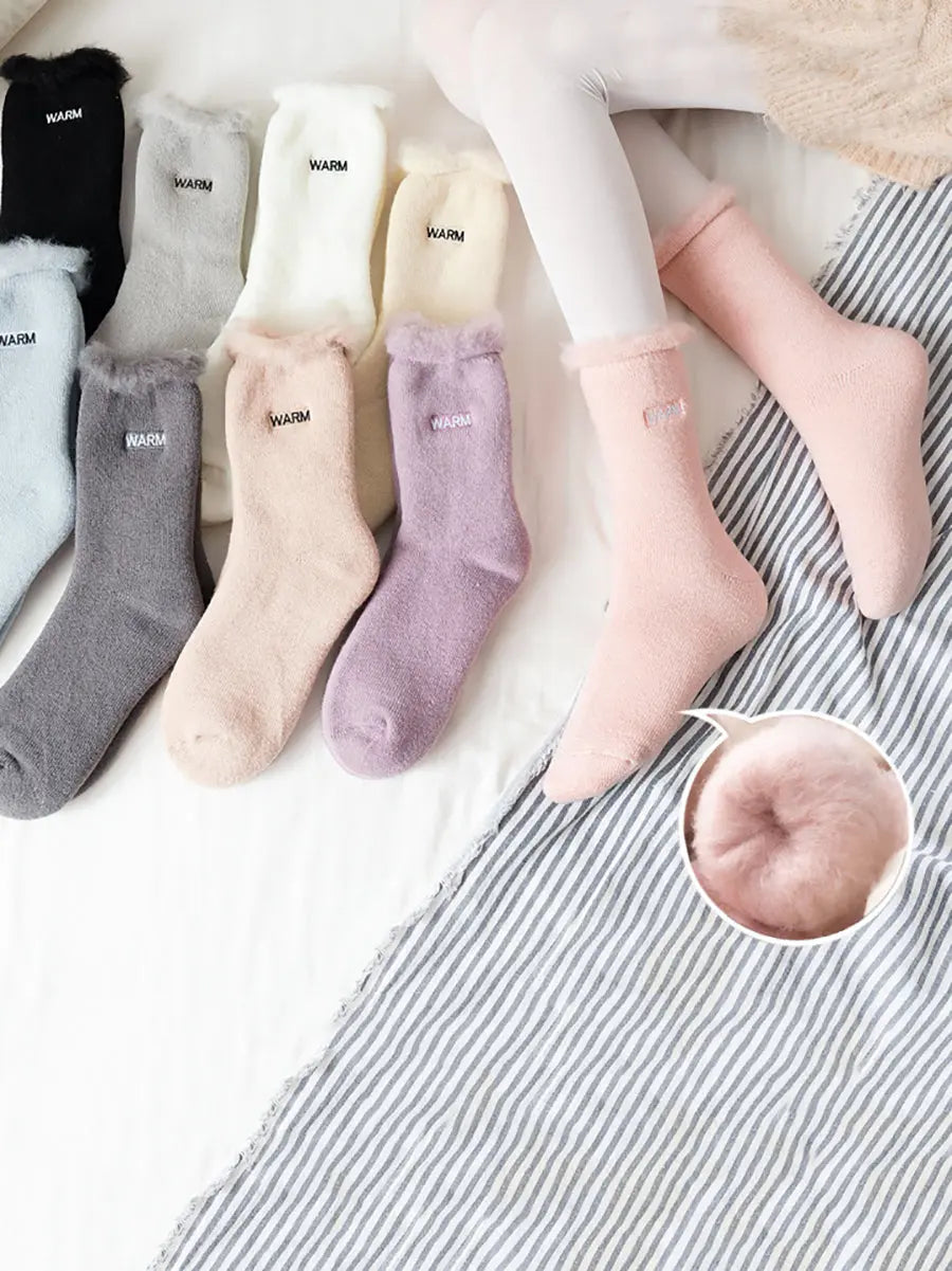 5 Pairs Women Winter Solid Cotton Fleece-lined Socks Ada Fashion