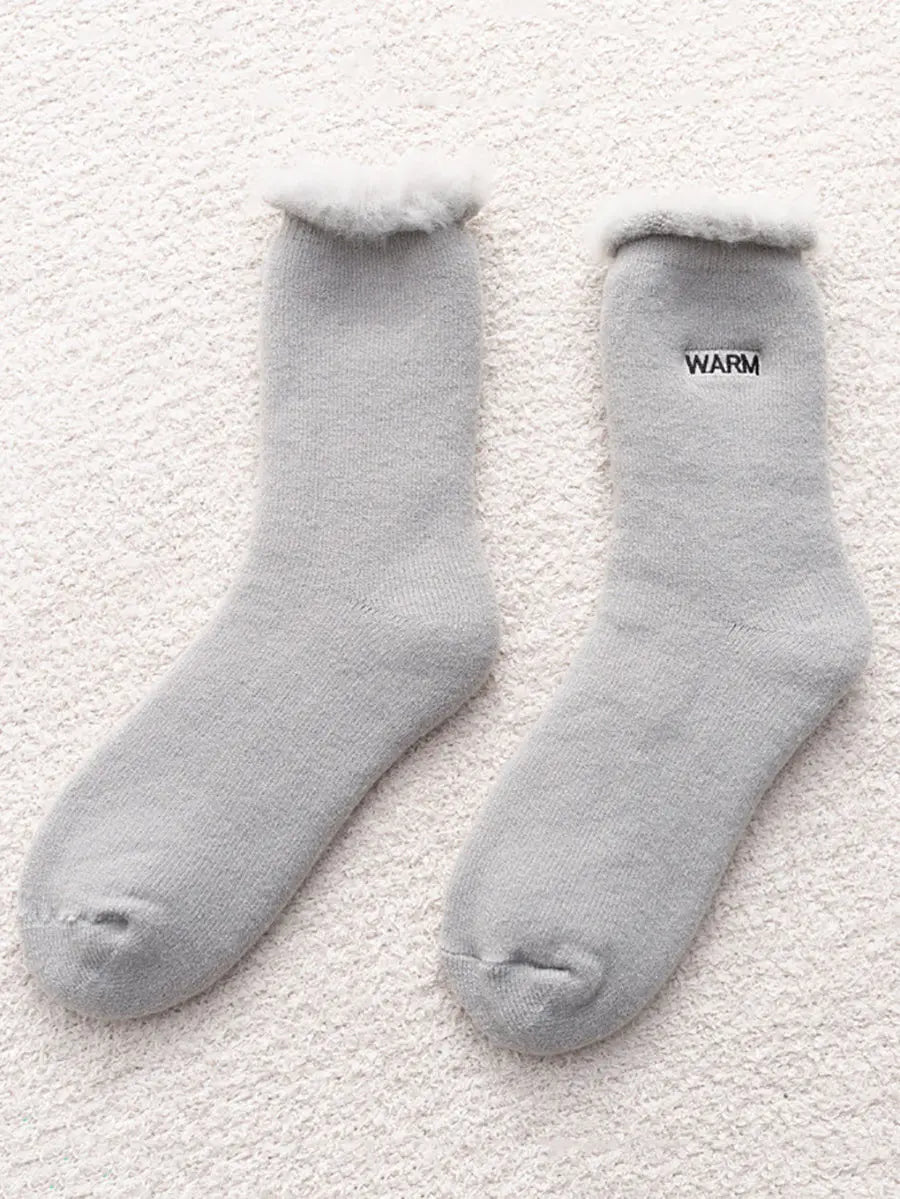 5 Pairs Women Winter Solid Cotton Fleece-lined Socks Ada Fashion