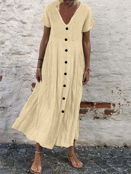 Cotton Plain V Neck Casual Boho Dress NNq2