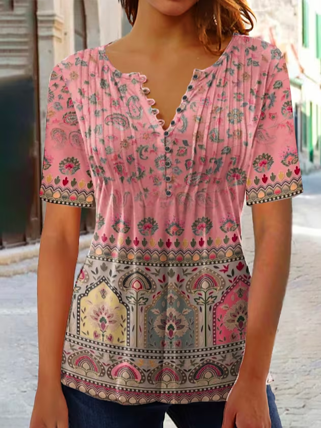 Loose V Neck Vacation Ethnic Shirt  WG95