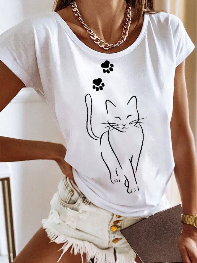 Casual Jersey Cat Crew Neck T-Shirt  QH84