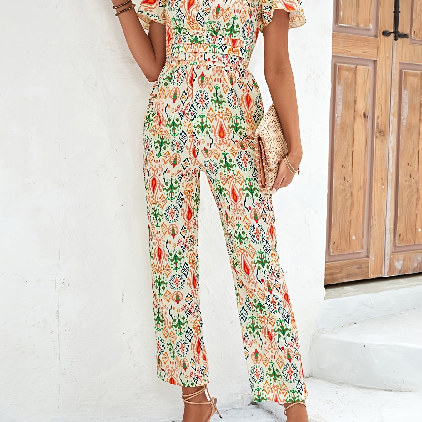 Full Graphic Print V Neck Short Sleeve Jumpsuit, Casual Long Length High Waist Jumpsuit, Women's Clo AE102