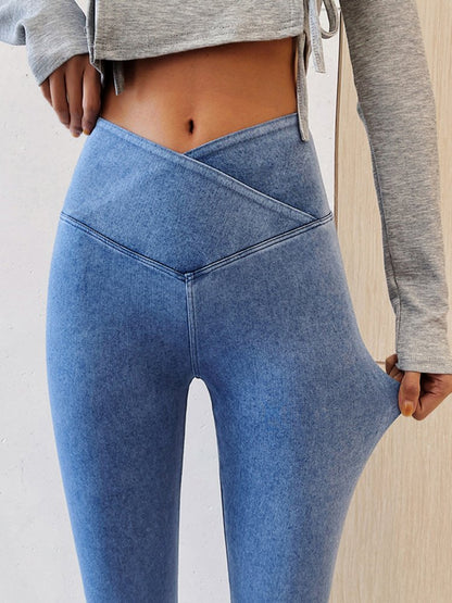 Leggings bleus unis à haute élasticité et à effet croisé AD899