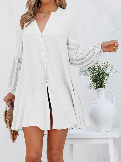 Loose V Neck Lantern Sleeve Urban Dress With No  WE84