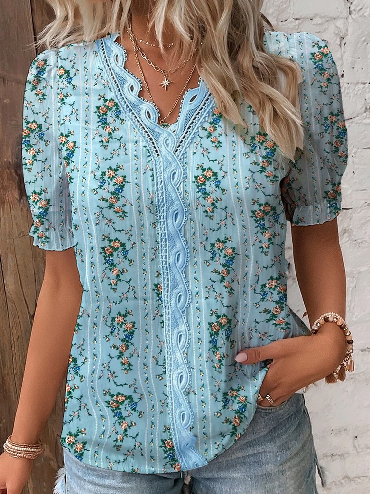 Lace Loose Casual Floral Shirt  WG106