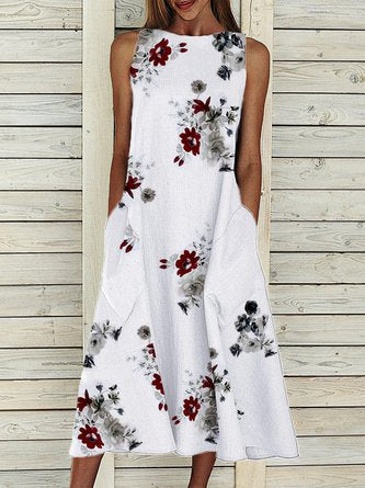 Floral Printed Sleeveless Cotton Blend Shift White Casual Dress NNq8