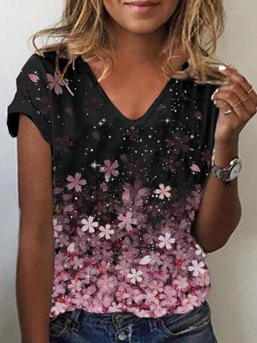 Women's Floral Gradient V Neck Cotton Blend Black Short Sleeve Casual T-shirt MMq10