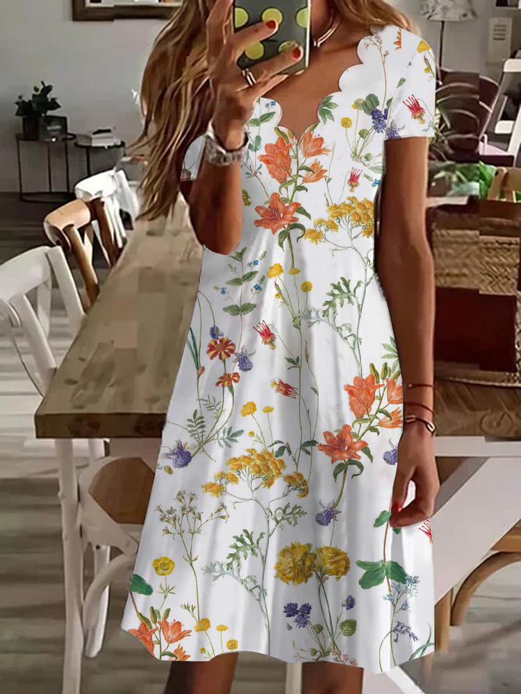 Lockeres, florales Freizeitkleid mit V-Ausschnitt ohne WL105