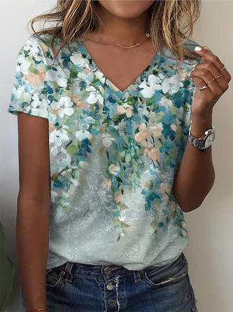 Damen T-Shirt mit Blumenmuster, für den Urlaub und das Wochenende, kurzärmelig, mit V-Ausschnitt, Basic-Top, T-Shirt MMq19