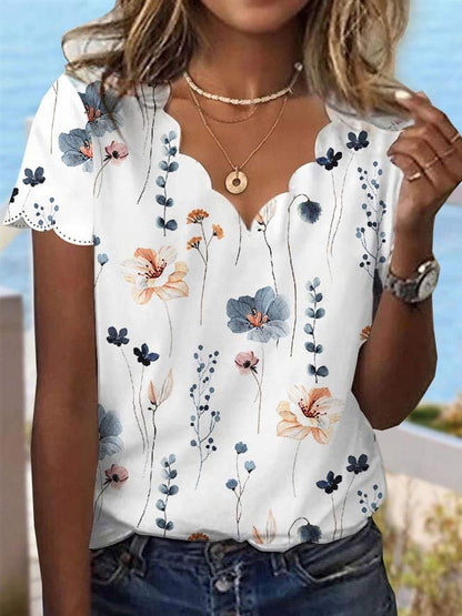 T-shirt à col coquillage et motif floral pour dessert d'été cc187