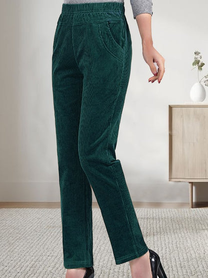 Pantalon ample en velours côtelé uni pour femme avec taille élastique et poches WD108