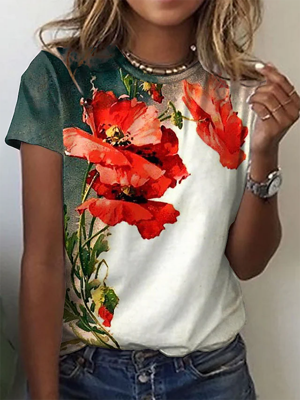 Floral Crew Neck Casual Short Sleeve T-Shirt  QH96