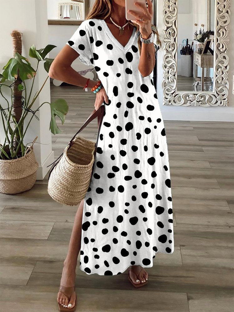 Polka Dots Kurzarm V-Ausschnitt Freizeitkleid QA50