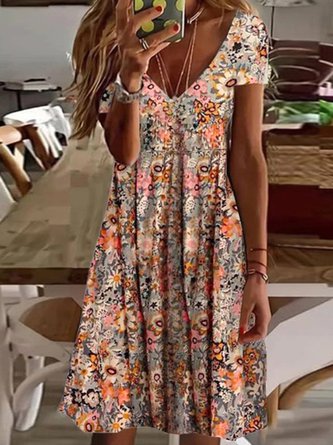 Floral Printed Boho V Neck Short Sleeve Knit Casual Vacation Dress EE10