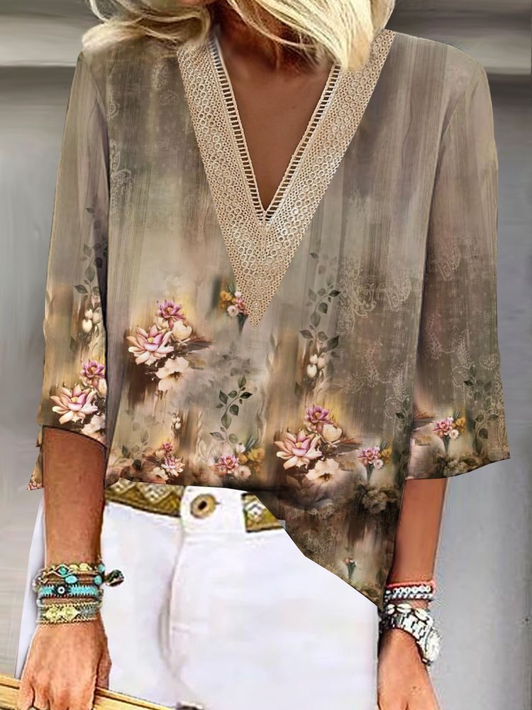 Floral Printed V Neck Vacation Lace Blouses  QH86