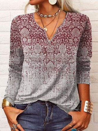 Ethnic Long Sleeve Notched Casual Tunic T-Shirt MMq33