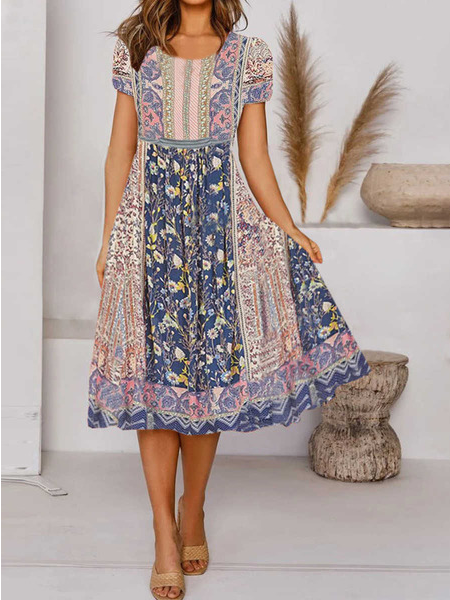 Round Neck Boho Vacation Midi Dresses AH263