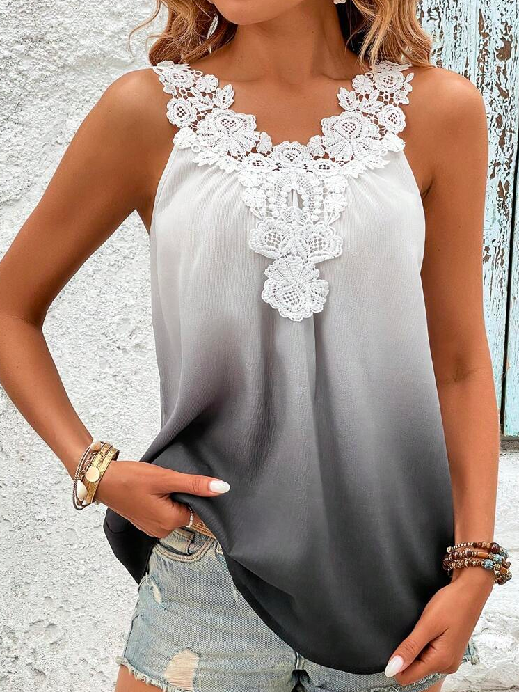 Loose Ombre Elegant Ombre Contrast Guipure Lace Wide Strap Tank Top  WW91