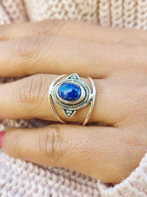 Vintage Natural Lapis Silver Metal Ring Ethnic Casual Women Jewelry cc16