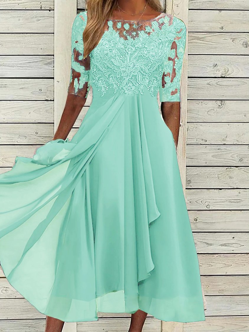 Round Neck Lace Swing Elegant Occasion Formal Midi Prom Dress AD499