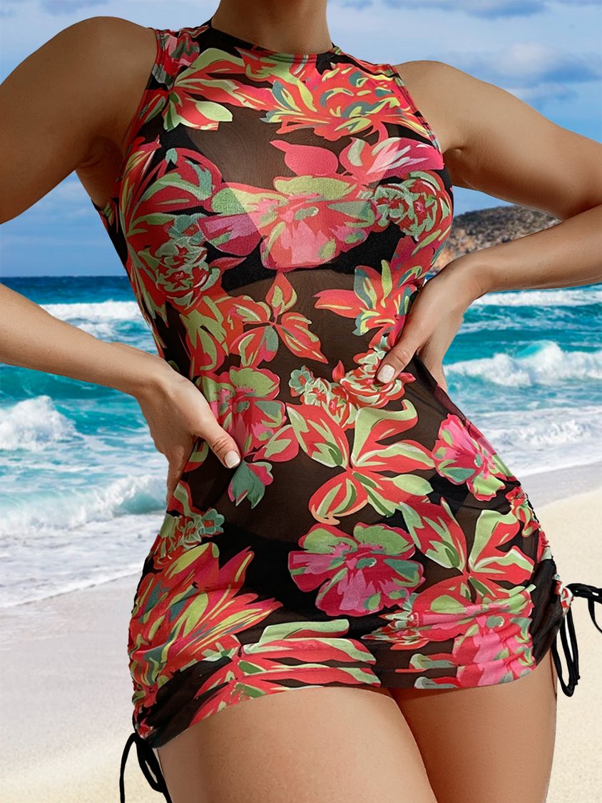 Dreiteiliger Bikini mit Rundhalsausschnitt und Urlaubspflanzen-Print QAJ32