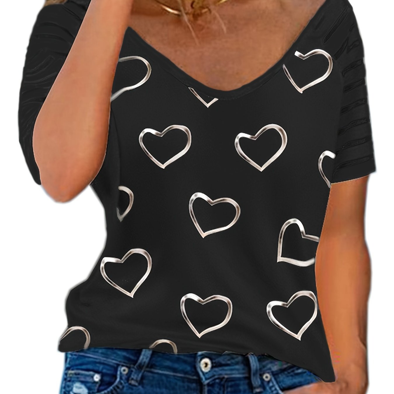 Heart Print Striped T-Shirt, Crew Neck Short Sleeve T-Shirt, Casual Every Day Tops, Women's Clothing RA1012