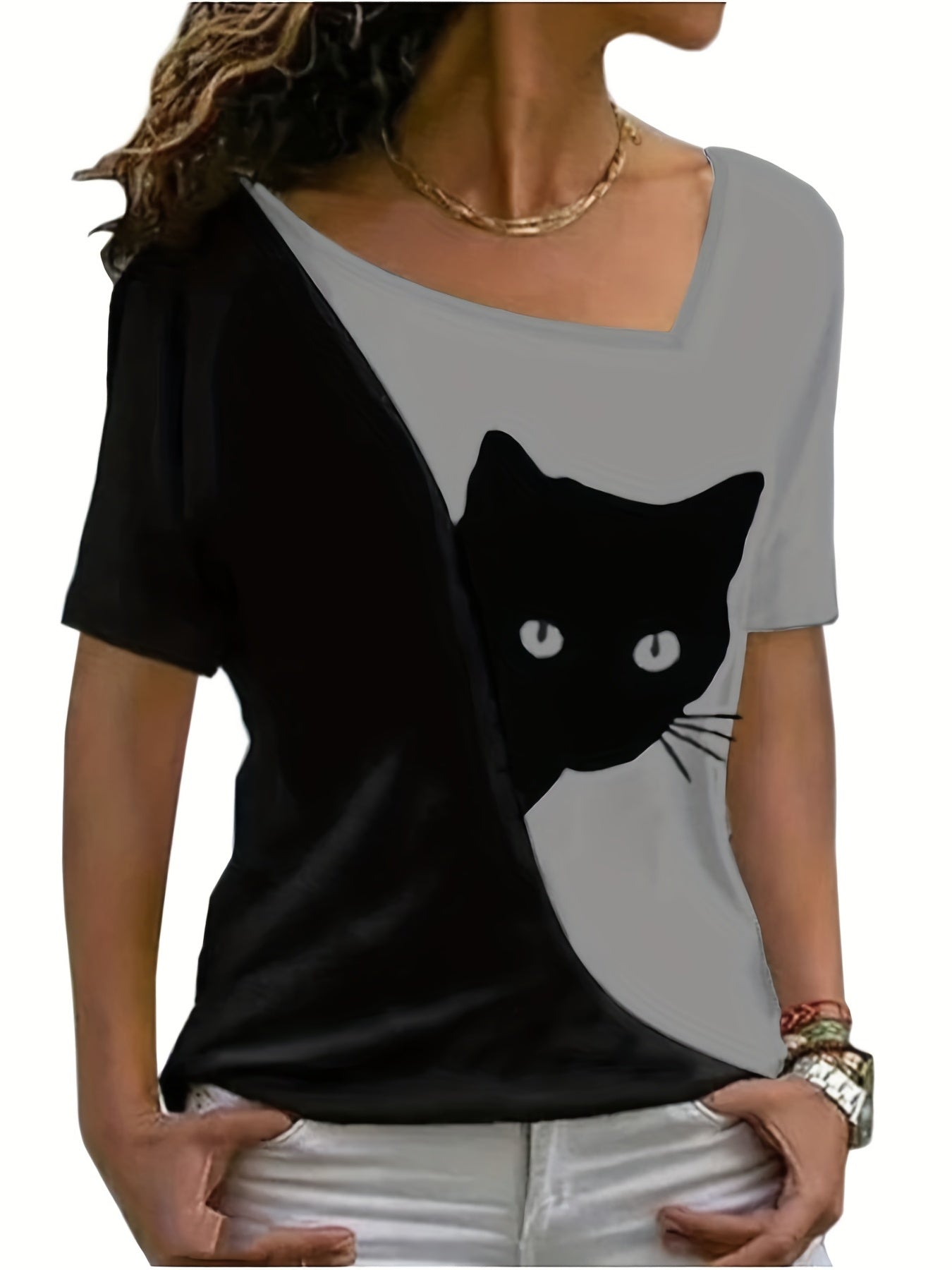 Cat Print Color Block T-Shirt, Asymmetrical Neck Short Sleeve T-Shirt, Casual Every Day Tops, Women' RA1011
