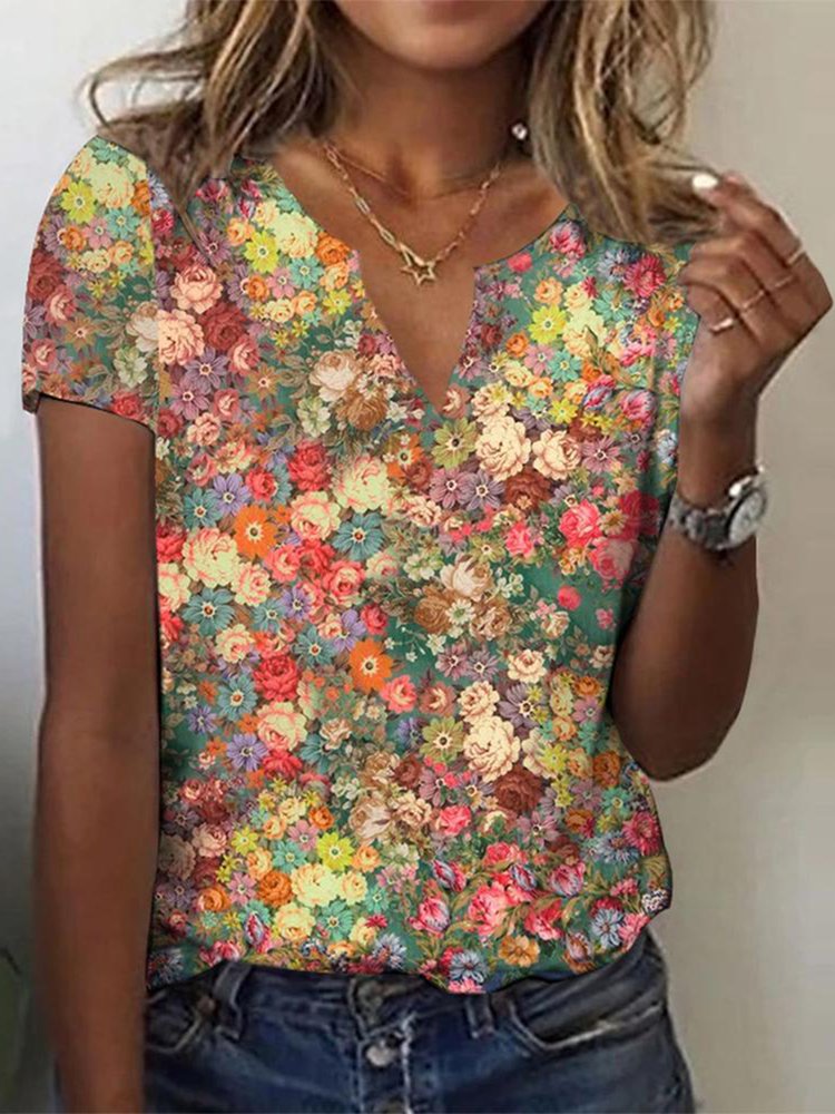 Casual Floral Loose Notched T-Shirt AH121