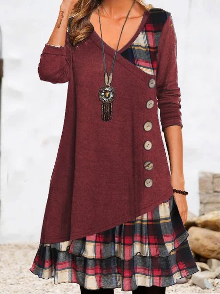 V Neck Geometric Casual Daily Long sleeve A-Line Buttoned Midi Dress  WT118