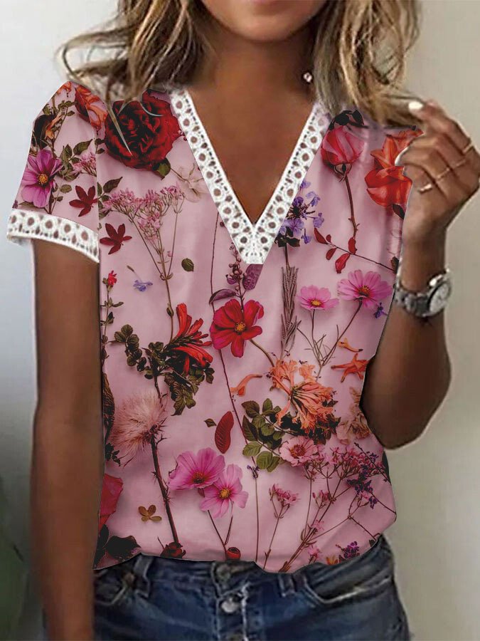Women Floral Knitted Casual V-Neck T-Shirt AC10038
