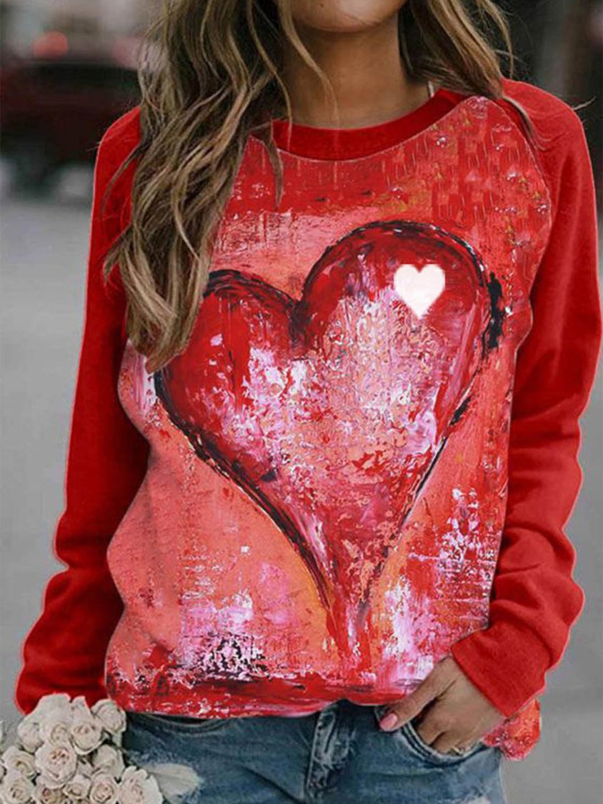 Women's Pullovers Casual Heart-shaped Color Block Long Sleeve Round Neck Pullovers GA41