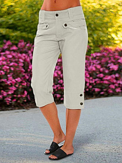 Pantalon Capri taille basse boutonné décontracté ample uni avec détails boutonnés QN80