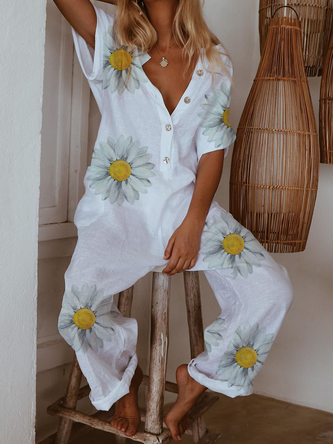 White Casual Floral-Print Cotton Jumpsuit &amp; Romper CM52