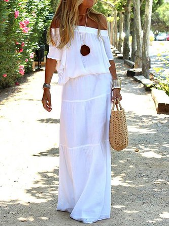 Boat Neck Loosen Casual Solid White Wedding Maxi Short sleeve Woven Dress NNq47