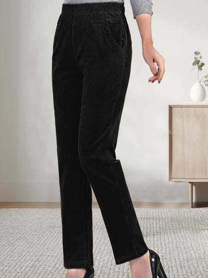 Pantalon ample en velours côtelé uni pour femme avec taille élastique et poches WD108