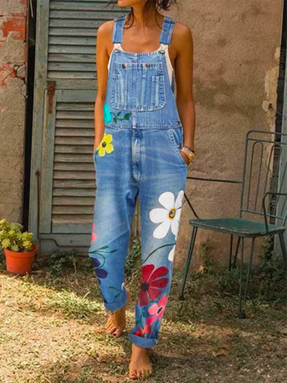 Combinaisons en jean à imprimé floral pour femmes QAJ7