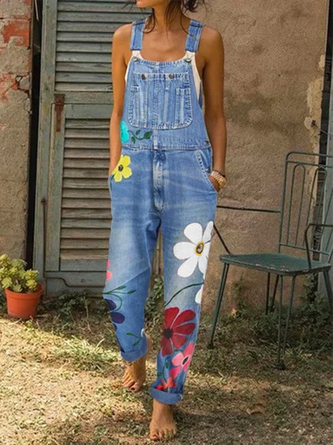 Women Fashion Denim Floral-Print Jumpsuits Overalls QAJ7